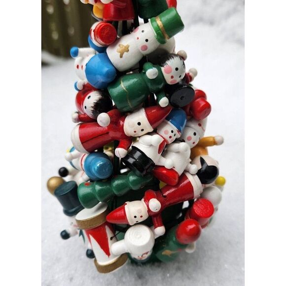 Vintage Wooden Toy Christmas Tree Mini Santa Snowman Drum Bell People Ornaments - Picture 3 of 10